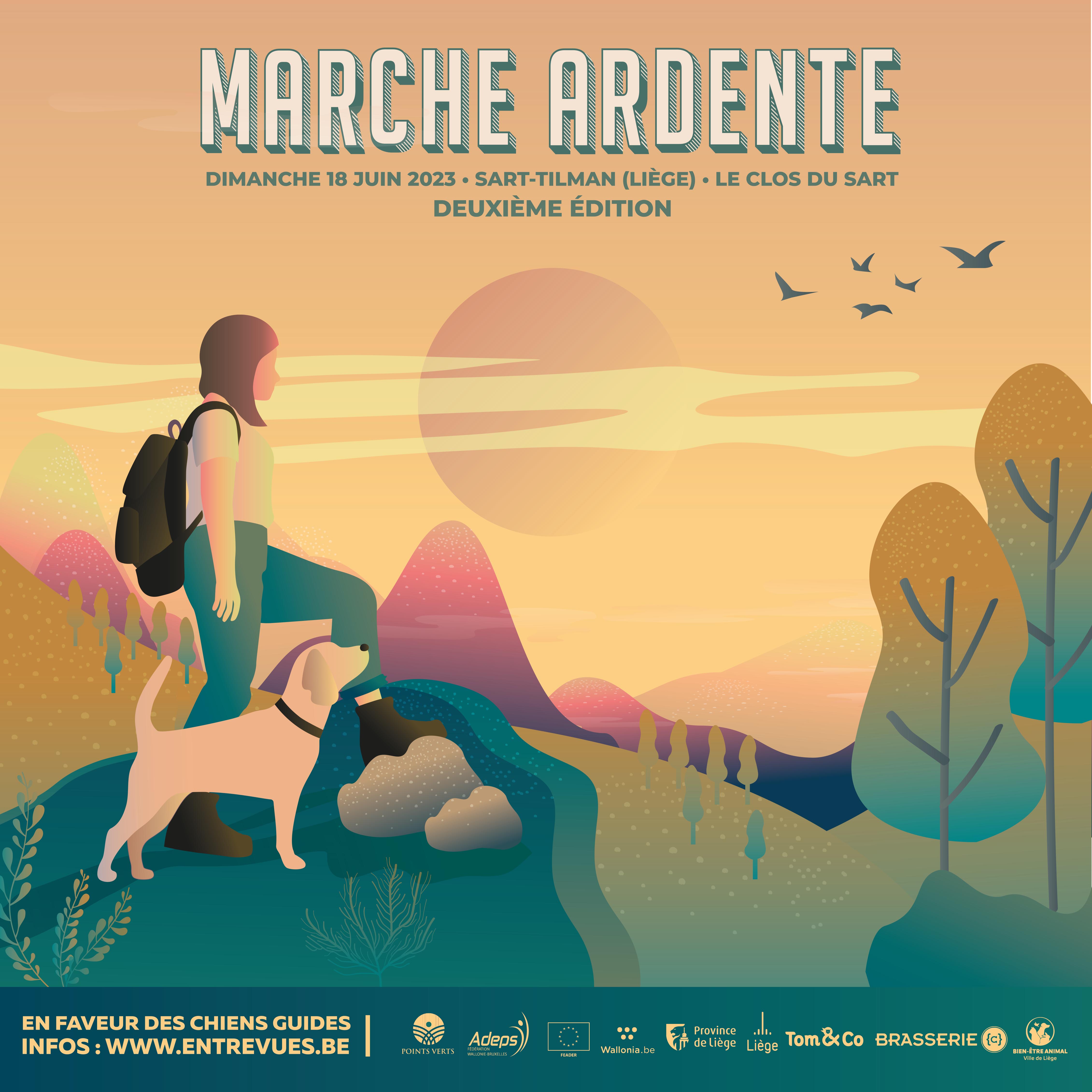 Affiche de la Marche Ardente 2023. Celle-ci est de couleur pastel. On peut distinguer la silhouette d'une jeune fille accompagn&eacute;e de son chien. Ceux-ci fixent l'horizon et semblent pr&ecirc;ts &agrave; entamer la marche. En arri&egrave;re-plan, on distingue vall&eacute;es et montagnes.