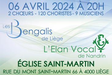 Les Bengalis reviennent pour le printemps et ils seront accompagnés de L'Elan Vocal de Nandrin et de 9 Musiciens pour un concert hors du commun. Deux chœurs avec leur propre répertoire mais qui s'associent pour plusieurs chants en commun.