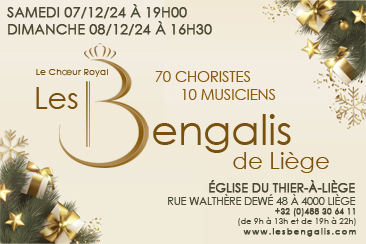 Le Chœur Royal "Les Bengalis de Liège" est heureux de vous inviter à ses concerts à l’approche de Noël Retrouvez-nous dans un cadre féérique où musique et lumière s’ajouteront aux chants pour vous faire vivre un moment exceptionnel Si vous aimez la magie de Noël, Queen, Stromae, Johnny, Ed Sheran, Disney et bien d'autres, ce concert est pour vous !