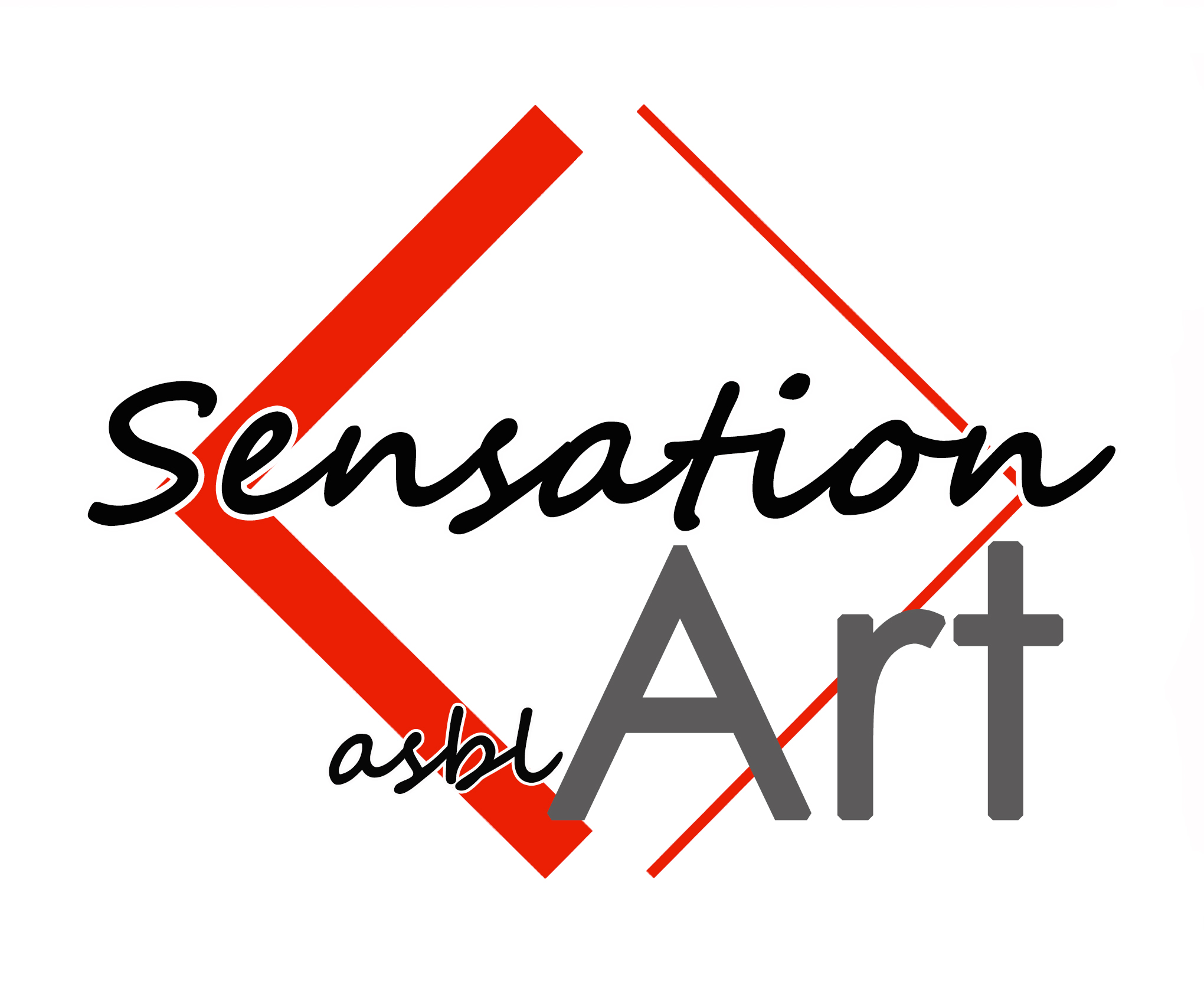 Carr&eacute;e sur pointe rouge et texte Sensation Art asbl en gris et noir