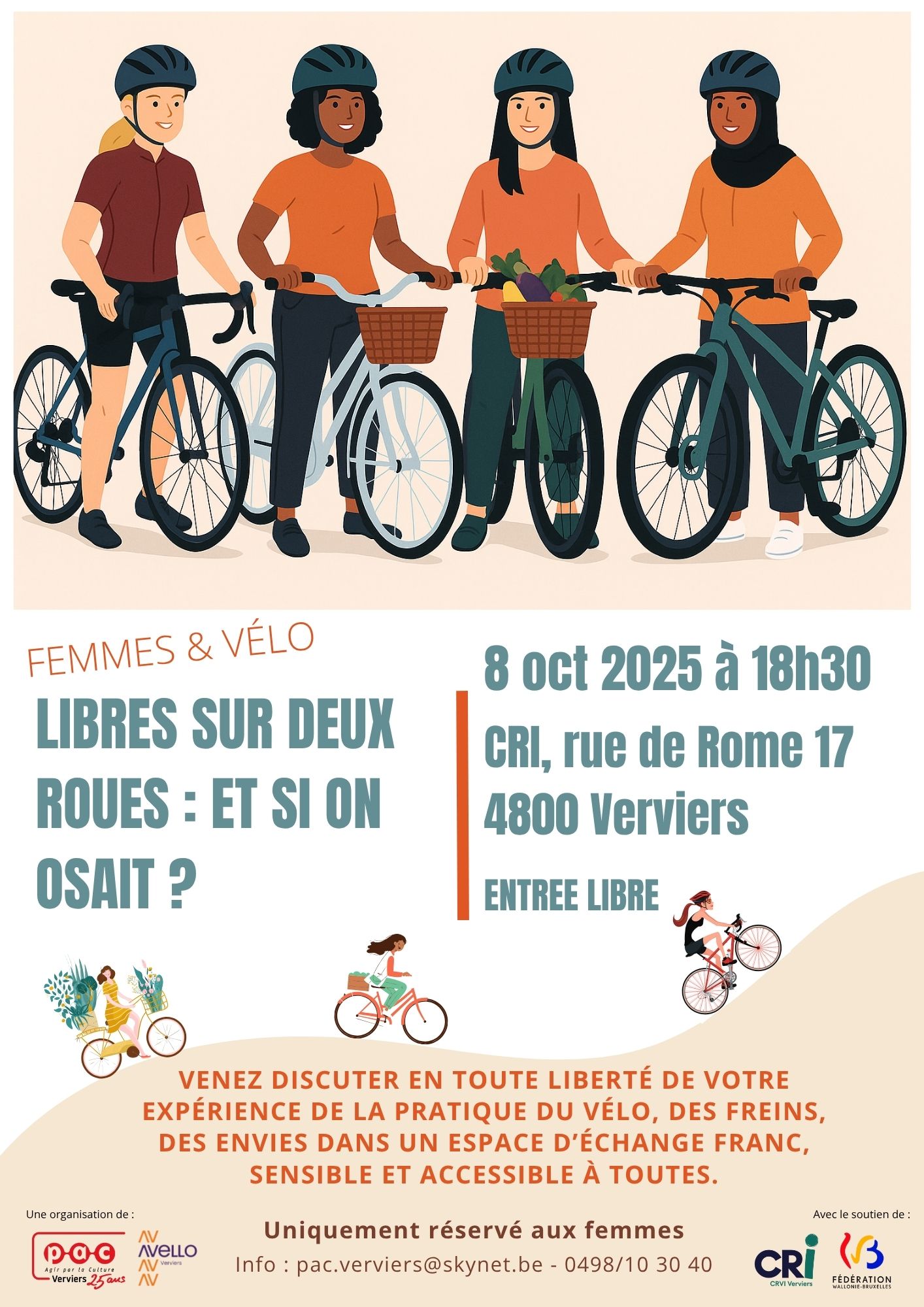 Constatant combien l&rsquo;exp&eacute;rience diff&egrave;re entre cyclistes femmes et hommes, et face au manque de ressources adapt&eacute;es, l&rsquo;id&eacute;e est n&eacute;e de cr&eacute;er un espace o&ugrave; toutes les femmes, quelles que soient leurs r&eacute;alit&eacute;s, puissent se retrouver autour du v&eacute;lo : un outil de libert&eacute;, de sant&eacute; et de confiance en soi.