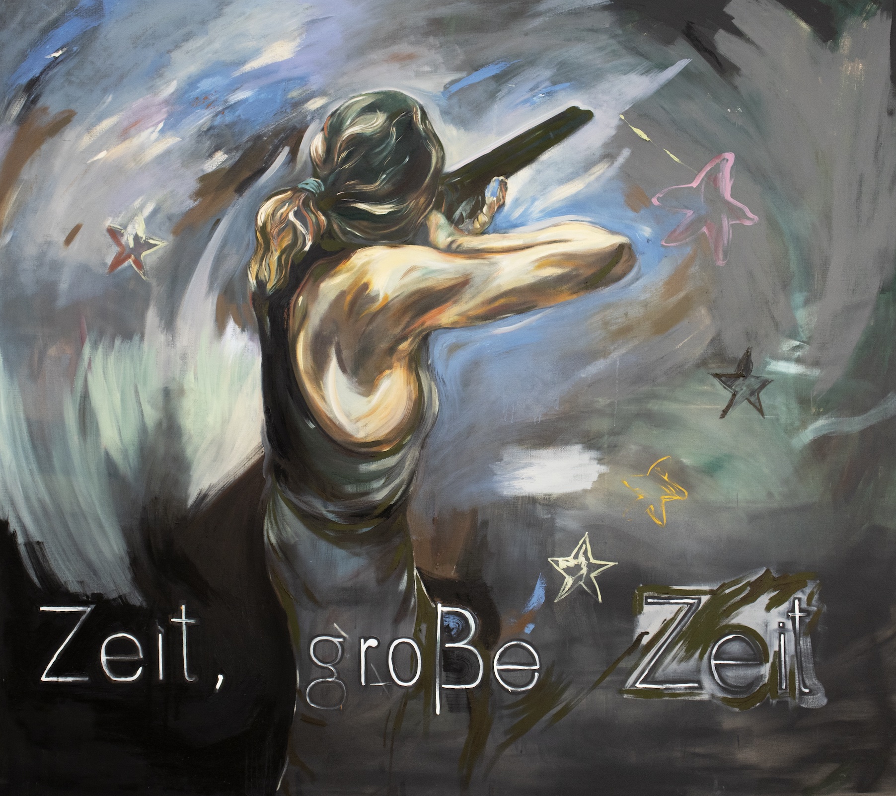 visuel :  Zeit gro&szlig;e Zeit, (Tucholsky), 2025, Tempera & oil on canvas, 190 x 210 cm  Courtesy Galerie Annie Gentils & Yann Freichels