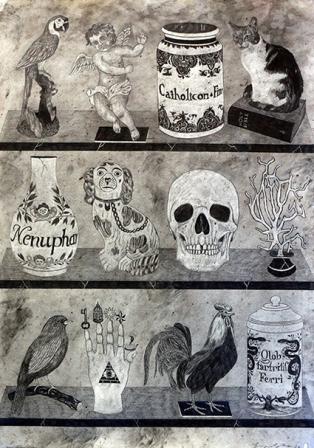 Laurent Impeduglia, Cabinet de curiosités, mine de plomb & fusain du papier, 89x54 cm, 2024
