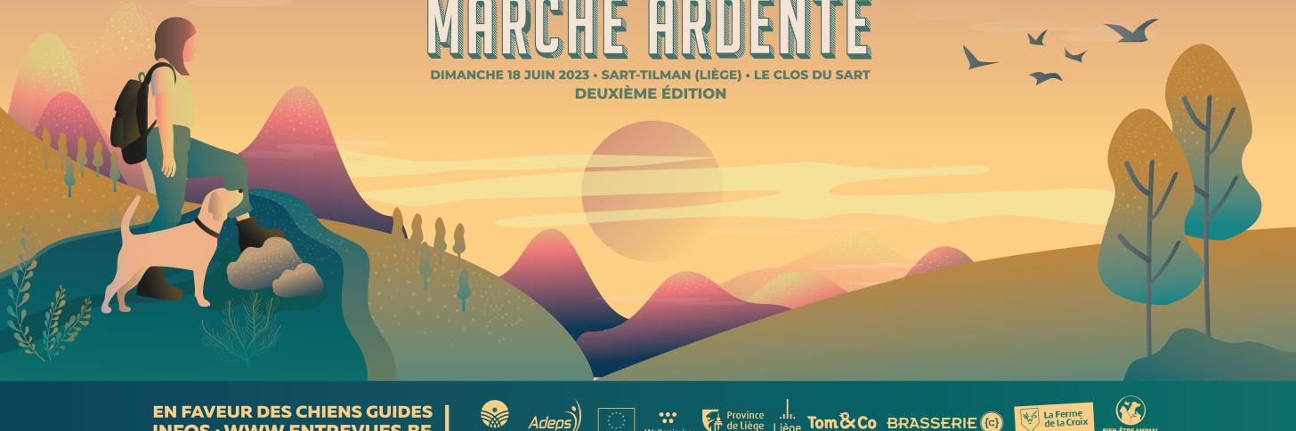 Banni&egrave;re de la Marche Ardente 2023. Celle-ci est de couleur pastel. On peut distinguer la silhouette d'une jeune fille accompagn&eacute;e de son chien. Ceux-ci fixent l'horizon et semblent pr&ecirc;ts &agrave; entamer la marche. En arri&egrave;re-plan, on distingue vall&eacute;es et montagnes.