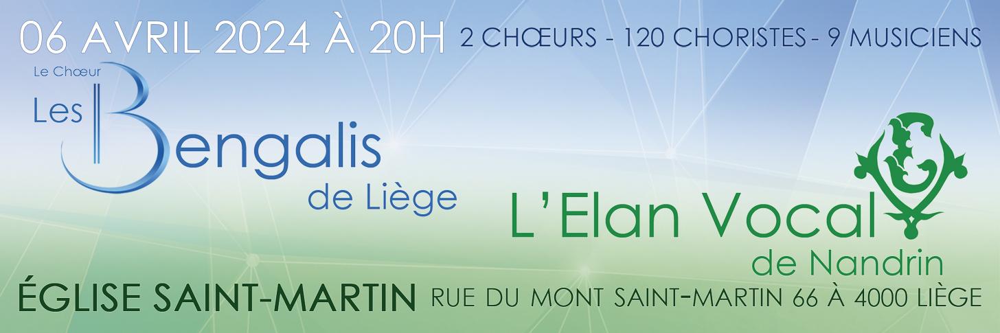 Les Bengalis reviennent pour le printemps et ils seront accompagnés de L'Elan Vocal de Nandrin et de 9 Musiciens pour un concert hors du commun. Deux chœurs avec leur propre répertoire mais qui s'associent pour plusieurs chants en commun.