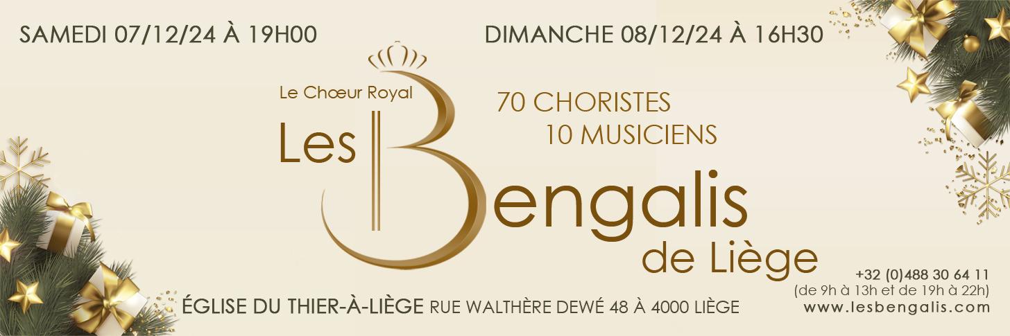 Le Chœur Royal "Les Bengalis de Liège" est heureux de vous inviter à ses concerts à l’approche de Noël  Retrouvez-nous dans un cadre féérique où musique et lumière s’ajouteront aux chants pour vous faire vivre un moment exceptionnel   Si vous aimez la magie de Noël, Queen, Stromae, Johnny, Ed Sheran, Disney et bien d'autres, ce concert est pour vous !