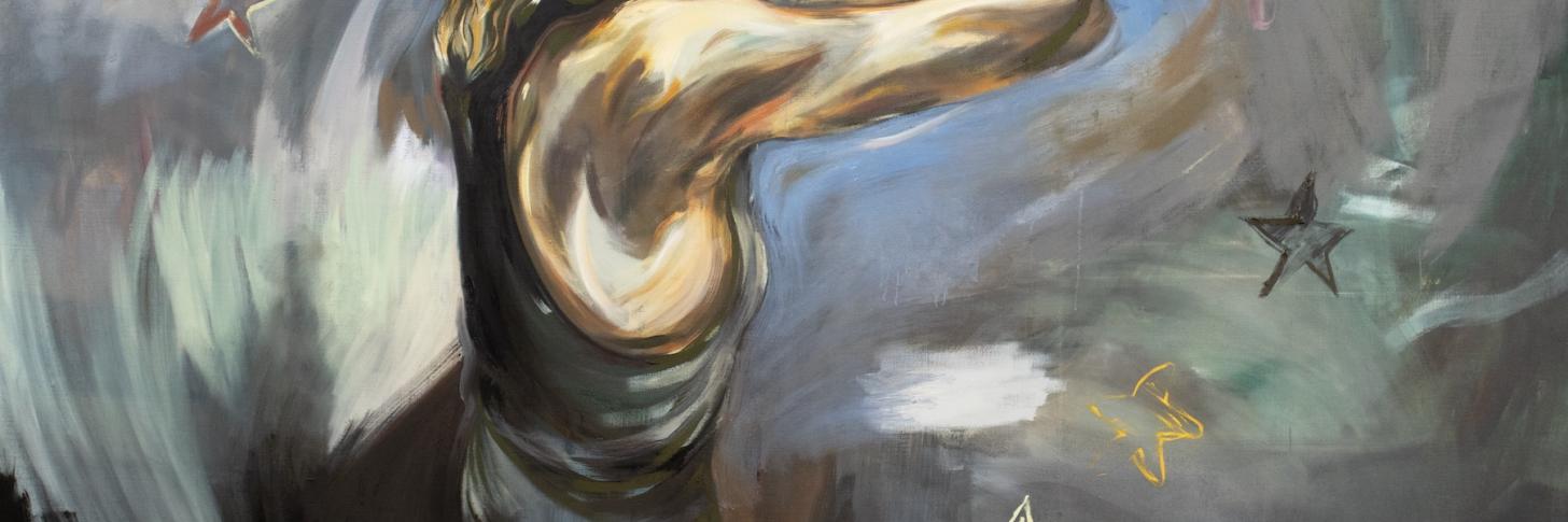 visuel :  Zeit gro&szlig;e Zeit, (Tucholsky), 2025, Tempera & oil on canvas, 190 x 210 cm  Courtesy Galerie Annie Gentils & Yann Freichels