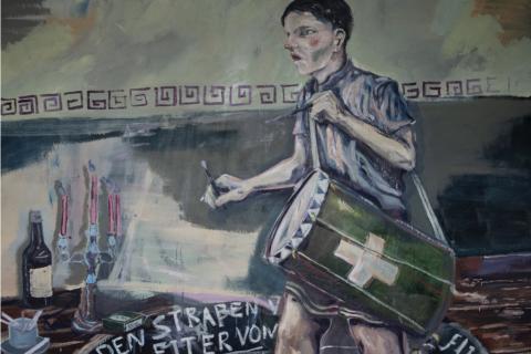 Yann Freichels, Das kind mit der trommel, 2022, huile sur toile, 190 x 200 cm