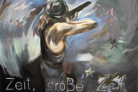 visuel :  Zeit gro&szlig;e Zeit, (Tucholsky), 2025, Tempera & oil on canvas, 190 x 210 cm  Courtesy Galerie Annie Gentils & Yann Freichels